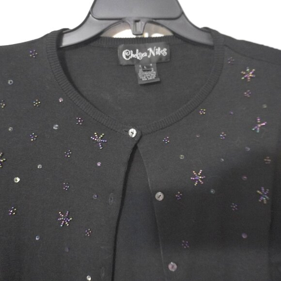 Vintage Y2K Iridescent Bead Black Chelsea Niles Cardigan Size L - Picture 3 of 5